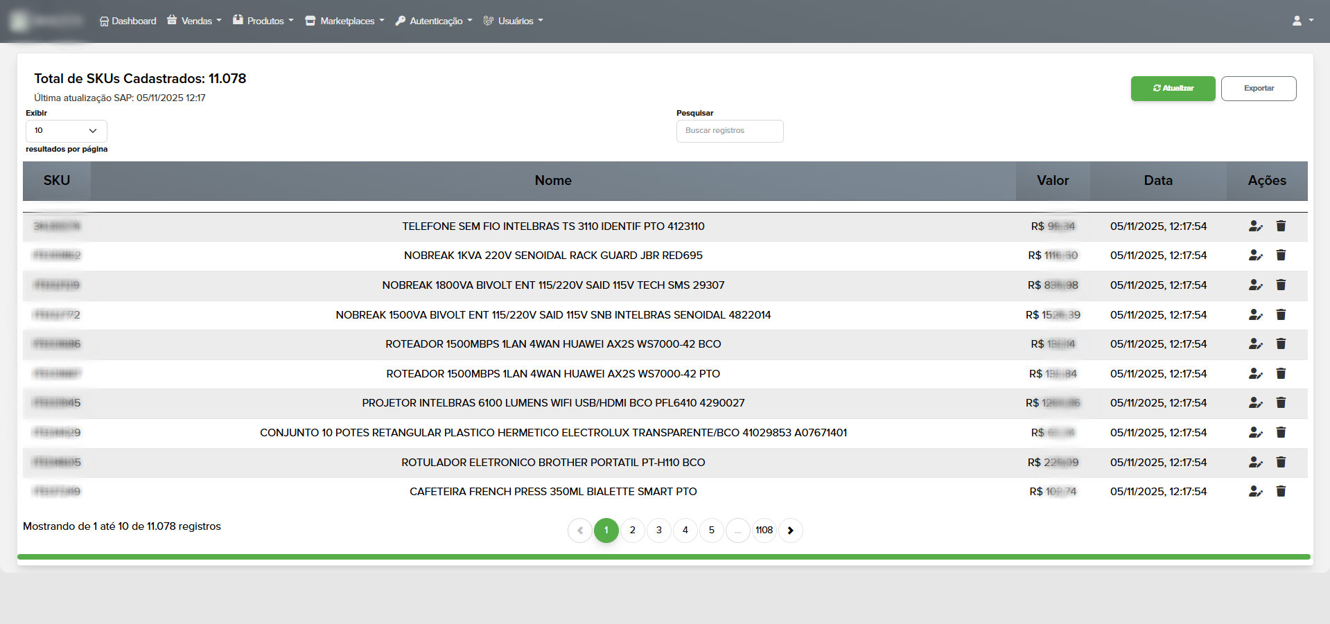 Dashboard Centraliza - SKUs Cadastrados
